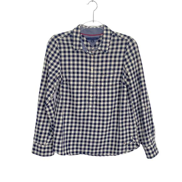 Tommy Hilfiger Shirt Size M Blue/White Gingham Plaid 1/4 Button Front Tabbed Sl - Picture 1 of 9